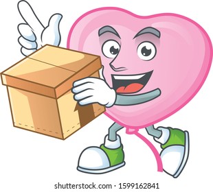 Cute pink love balloon cartoon character style holding a box