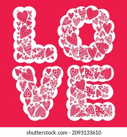 Cute pink LOVE card as letters decorated with hand drawn hearts.