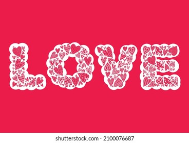 Cute pink LOVE card as letters decorated with hand drawn hearts.