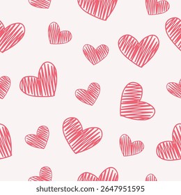 Cute pink love doodle art seamless pattern. Perfect for Valentine's Day and holiday designs, print, decorations, wrapping paper, covers, invitations, cards. 