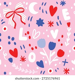 Lindo patrón de doodle de amor rosa sin costuras.