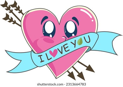 A cute pink love heart vector who is folded by i love you ribbon and arrow on his back 