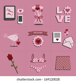 Cute pink love icons set