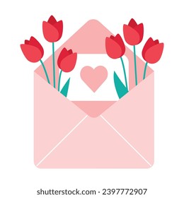 Cute pink love letter with red tulip flowers, greeting card template, Valentines day or birthday celebration. Isolated vector illustration