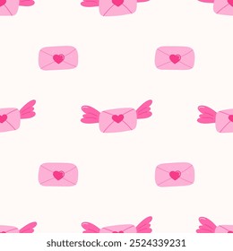 Cute pink love letters with wings seamless pattern. Perfect for Valentine's Day designs, wrapping paper, greeting cards, and romantic themed products.