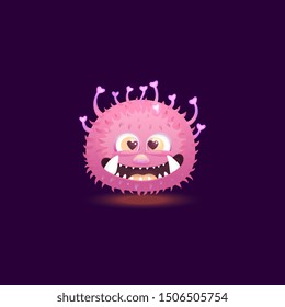 Cute pink love monster with heart eyes and hair, happy cartoon round alien with purple hairy skin and sharp teeth smiling with funny face, circle animal character design - isolated vector illustration