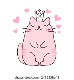 Cute Pink Love Pet Cat Cartoon Character Sleeping Wearing Crown Vector Illustration