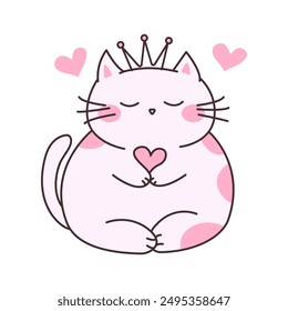 Cute Pink Love Pet Cat Cartoon Character Sleeping Wearing Crown Vector Illustration