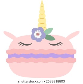 Cute pink macaron featuring a whimsical unicorn horn and delicate flower, sleeping peacefully with closed eyes and soft purple filling, isolated against a clean white background