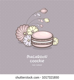 Cute pink macaroon with beautiful flowers vector illustration. Traditional french dessert. Logo template for confectionery and. Elegant sweet-shop menu design.