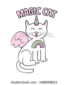 Cute pink magic cat unicorn doodle style. Trendy print design modern vector cartoon illustration for children kid girls. Fashion print design for t-shirt clothes tee coloring badge patch sticker pin.