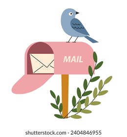 A cute pink mailbox with a letter. A bird and plants. Vintage, retro. Vector, flat, cartoon illustration