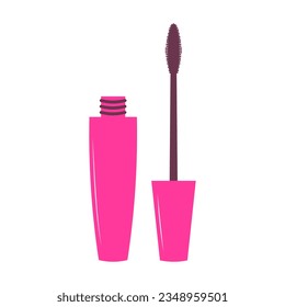 Cute pink mascara for eyelashes. Open cosmetic tube. Fashion glamour makeup icon.