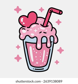 Cute Pink Milkshake with Heart and Straw