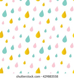 Cute pink, mint green and gold water drops, rain seamless pattern background.