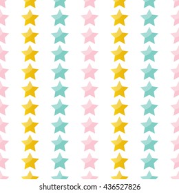 Cute pink, mint green and gold stars seamless pattern background.