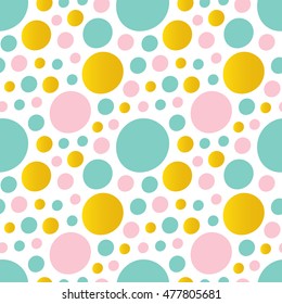 Cute pink, mint green and gold abstract bubbles, dots, rounds seamless pattern background.