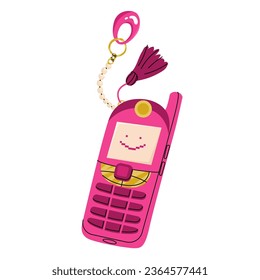 Teléfono móvil color rosa en el estilo de los años 2000 con un llavero. Elegante accesorio retro para chicas. Diseño o impresión de pegatinas para camisetas y postales. Ilustración vectorial aislada en fondo blanco.