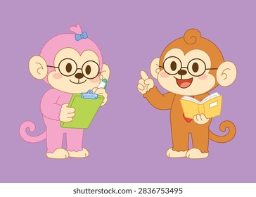 Cute pink monkey wearing glasses writing on clipboard illustration, Brown monkey wearing glasses and necktie holding book and pointing finger illustration