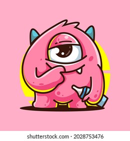 cute pink monster baby mascot illustration vector cartoon icon.