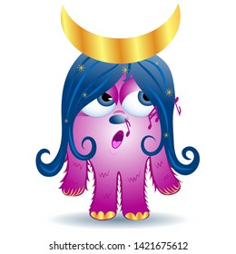 
Cute pink monster with blue long hair and a decoration in the form of the month and stars. Singing alien. Animated hero.