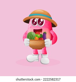Cute pink monster carries variety of fresh vegetables and fruits. Perfect for kids, small business or e-Commerce, merchandise and sticker, banner promotion, blog or vlog channel
