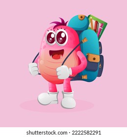 Cute pink monster carrying a schoolbag, backpack, back to school. Perfect for kids, small business or e-Commerce, merchandise and sticker, banner promotion, blog or vlog channel
