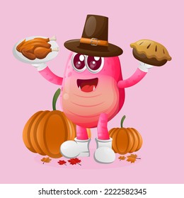 Cute pink monster celebrate thanksgiving. Perfect for kids, small business or e-Commerce, merchandise and sticker, banner promotion, blog or vlog channel
