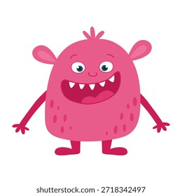 Cute Pink Monster Character. Friendly Cartoon Fantasy Creature with Smile. Kids Flat Vector Illustration.