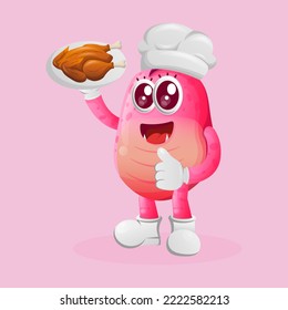 Cute pink monster, chef serving food. Perfect for kids, small business or e-Commerce, merchandise and sticker, banner promotion, blog or vlog channel
