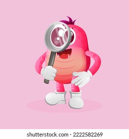 Cute pink monster conducting research, holding a magnifying glass. Perfect for kids, small business or e-Commerce, merchandise and sticker, banner promotion, blog or vlog channel
