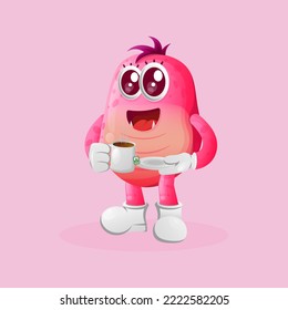 Cute Pink Monster Drinking Tea, Tea Time. Perfect For Kids, Small Business Or E-Commerce, Merchandise And Sticker, Banner Promotion, Blog Or Vlog Channel
