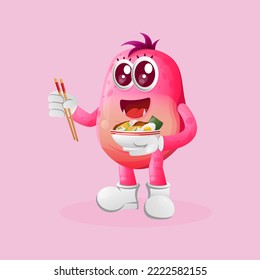 Cute pink monster eat ramen. Perfect for kids, small business or e-Commerce, merchandise and sticker, banner promotion, blog or vlog channel
