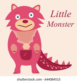 Cute pink monster with fangs and muffin