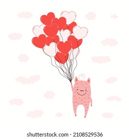 Monstruo rosa lindo volando en globos, aislado en blanco. Ilustración vectorial dibujada a mano. Diseño de estilo plano. Concepto para los niños San Valentín tarjeta, impresión de vacaciones, invitación, etiqueta de regalo, afiche, cartel.