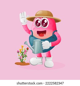 Cute pink monster gardening taking care of plants. Perfect for kids, small business or e-Commerce, merchandise and sticker, banner promotion, blog or vlog channel
