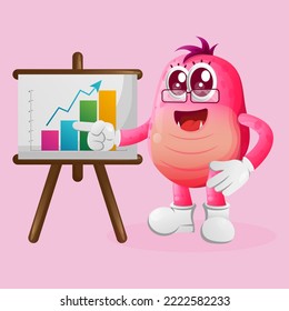 Cute pink monster gives report presentation, shows column graphics. Perfect for kids, small business or e-Commerce, merchandise and sticker, banner promotion, blog or vlog channel
