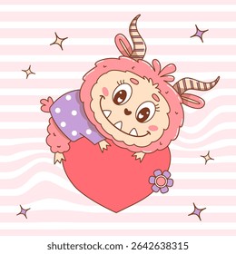 Cute Pink Monster with Heart. Cool Cartoon Funny kawaii horned Character on Groovy Distorted Stripe Background. Vector illustration. Kids collection for sticker, mascot and design