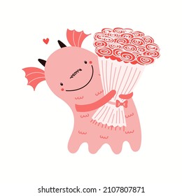 Cute pink monster holding a bouquet of roses, isolated on white. Hand drawn vector illustration. Flat style design. Concept kids Valentines day card, holiday print, invite, gift tag, poster, banner.