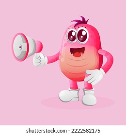 Cute pink monster holding megaphone. Perfect for kids, small business or e-Commerce, merchandise and sticker, banner promotion, blog or vlog channel
