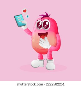 Cute pink monster holding mobile phone with text messages. Perfect for kids, small business or e-Commerce, merchandise and sticker, banner promotion, blog or vlog channel
