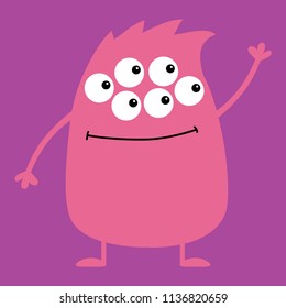 Cute pink monster icon. Happy Halloween. Cartoon colorful scary funny character. Eyes, hair, holding hands up, waving hand. Funny baby collection. Violet background Isolated. Flat design. Vector