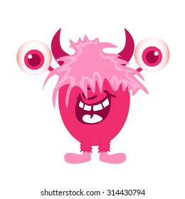 Cute pink monster laughing and looking with his big eyes.