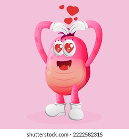 Cute pink monster with love heart sign hand. Perfect for kids, small business or e-Commerce, merchandise and sticker, banner promotion, blog or vlog channel
