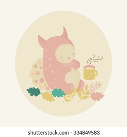 Cute pink monster and mug of tea in autumn forest. Vector