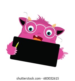 Cute pink monster. Place for your text. Yeti with a sign. Cheerful illustration. Picture for children. Cheerful illustrated faces.