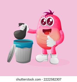 Cute pink monster placing reusable waste into garbage can. Perfect for kids, small business or e-Commerce, merchandise and sticker, banner promotion, blog or vlog channel
