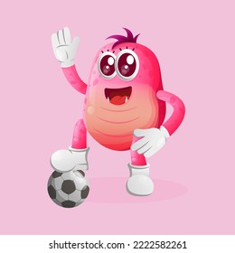Cute pink monster play football, soccer ball. Perfect for kids, small business or e-Commerce, merchandise and sticker, banner promotion, blog or vlog channel
