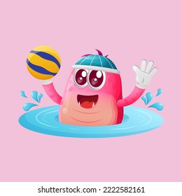 Monstruo rosa lindo jugando al waterpolo. Perfecto para niños, pequeñas empresas o comercio electrónico, mercadería y pegatinas, promoción de banners, blog o canal de vlog
