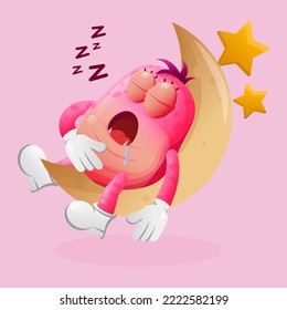 Monstruo rosa lindo durmiendo, durmiendo en la luna. Perfecto para niños, pequeñas empresas o comercio electrónico, mercadería y pegatinas, promoción de banners, blog o canal de vlog
